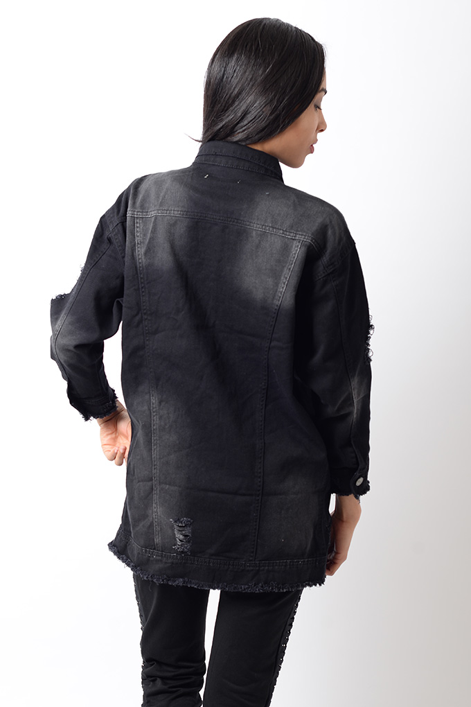 Stylish Black Distressed Oversized Denim Jacket