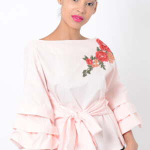Stylish Pink Embroidered Ruffle Sleeve Top