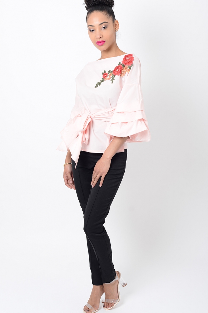 Stylish Pink Embroidered Ruffle Sleeve Top