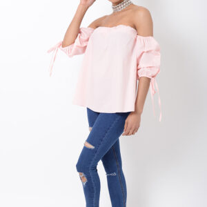 Stylish Pink Ruffle Sleeve Bardot Top