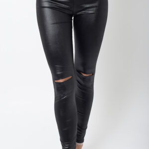 Stylish Ripped Knee Leather Look Leggings