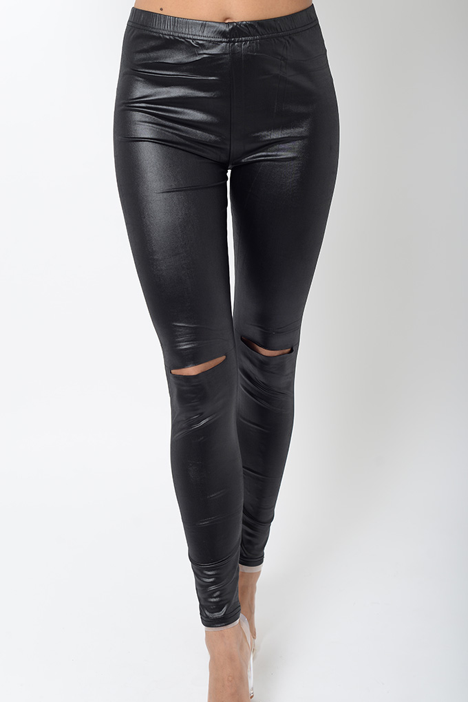 Stylish Ripped Knee Leather Look Leggings