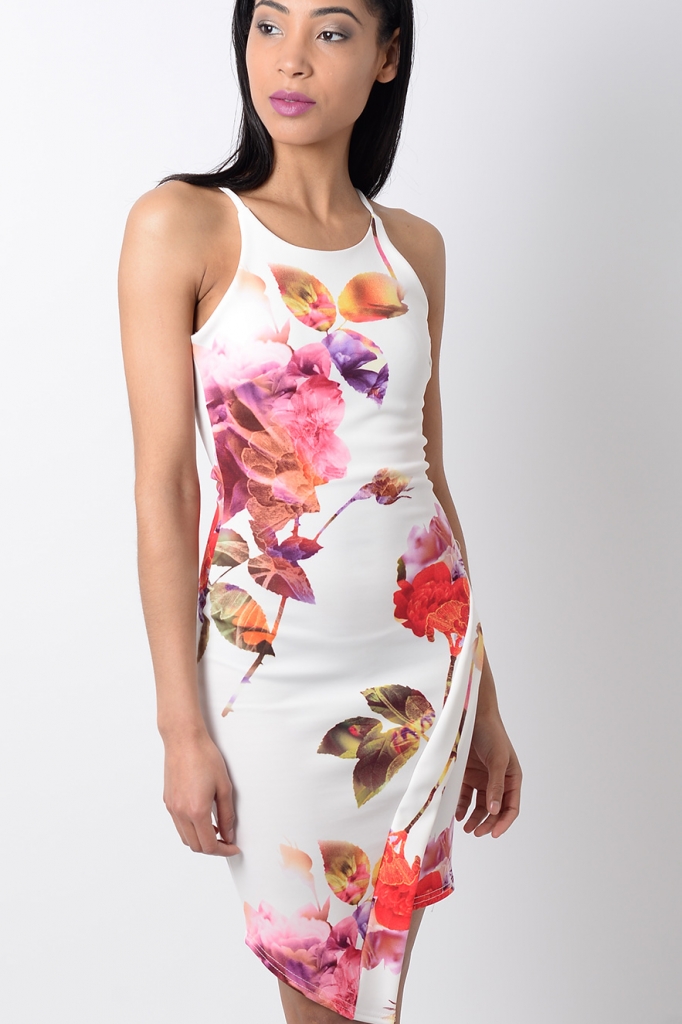 Stylish White Floral Print Bodycon Dress
