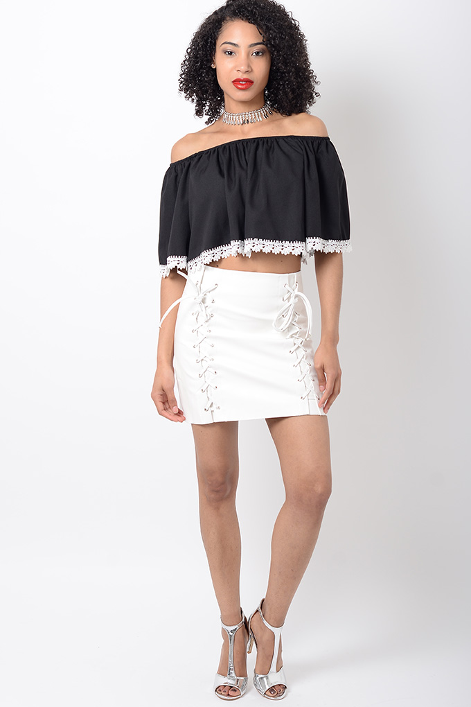 Stylish White Pu Lace Up Mini Skirt