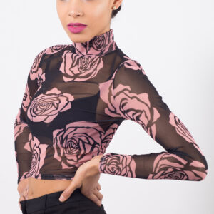 Stylish Sheer Rose High Neck Cropped Top