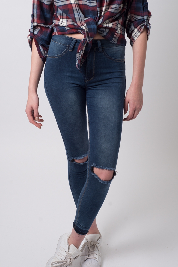 Stylish High Waisted Ripped Knee Jeans