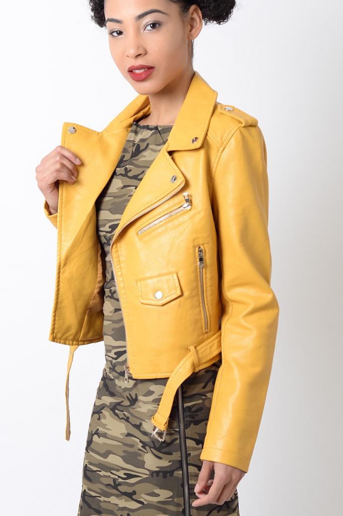 Stylish Mustard Belted Faux Leather Biker Jacket