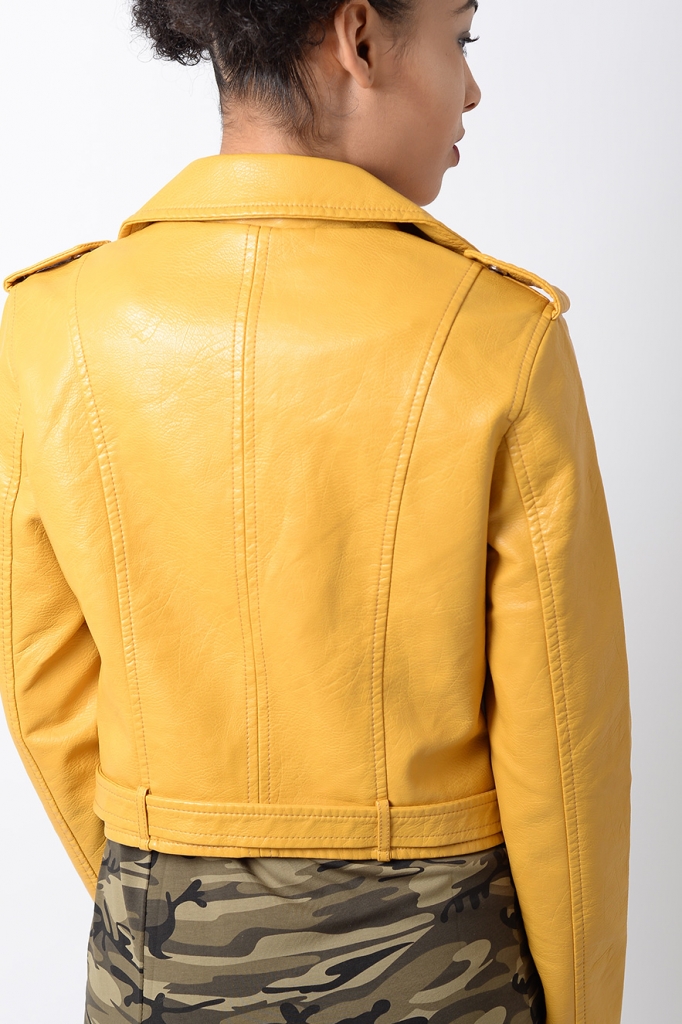 Stylish Mustard Belted Faux Leather Biker Jacket