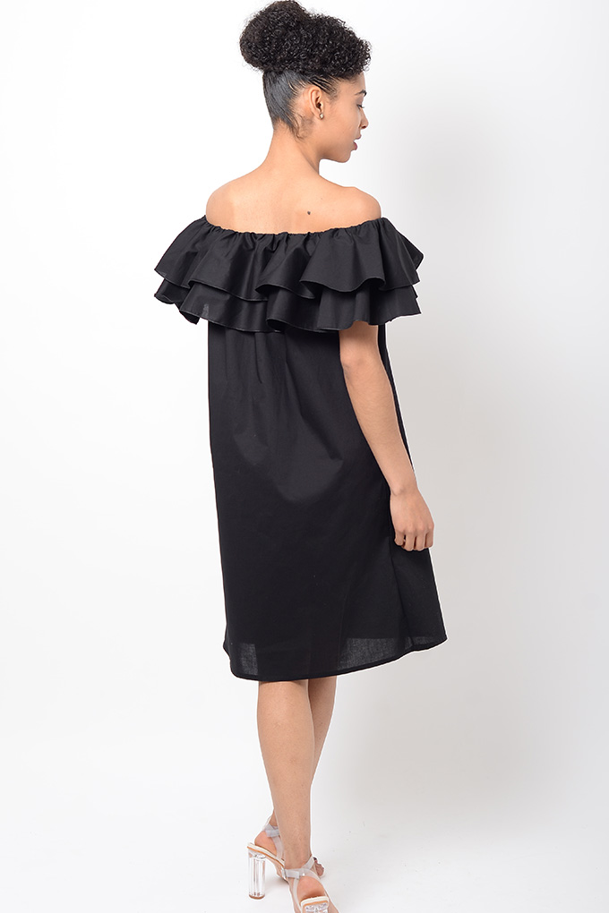 Stylish Black Ruffle Bardot Dress