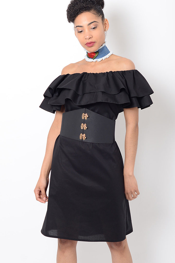 Stylish Black Ruffle Bardot Dress