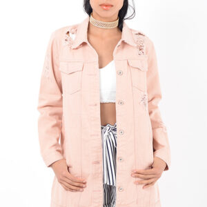 Stylish Pink Distressed Oversized Denim Jacket