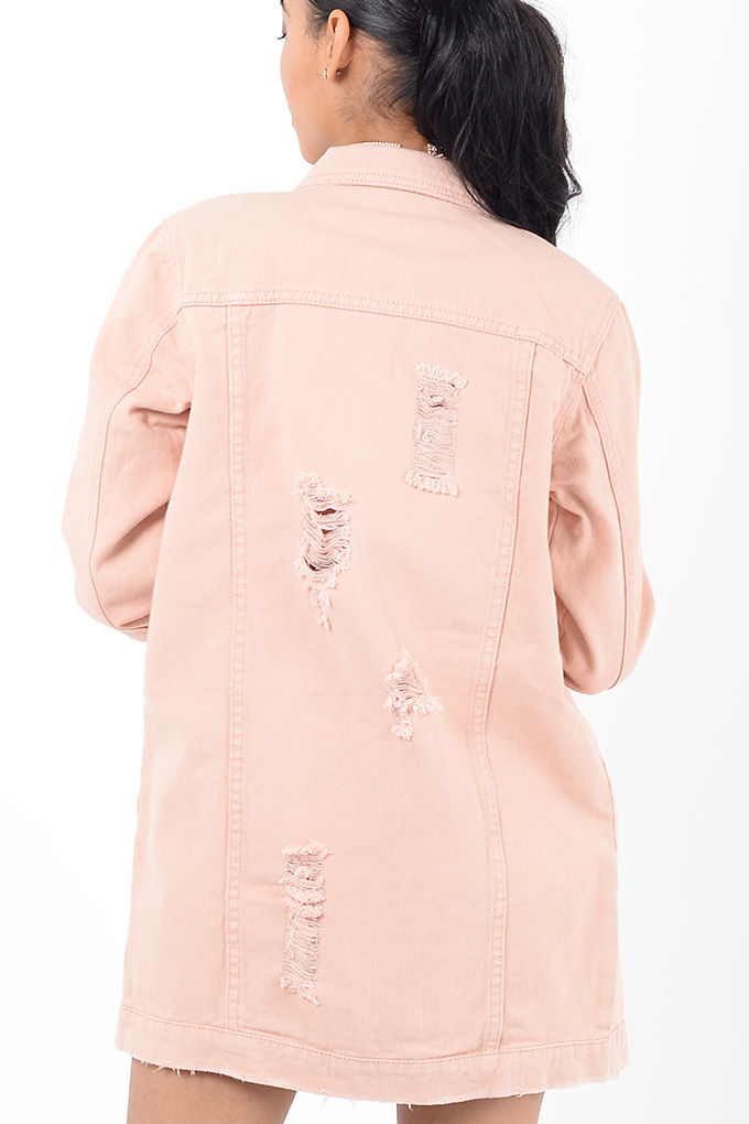 Stylish Pink Distressed Oversized Denim Jacket