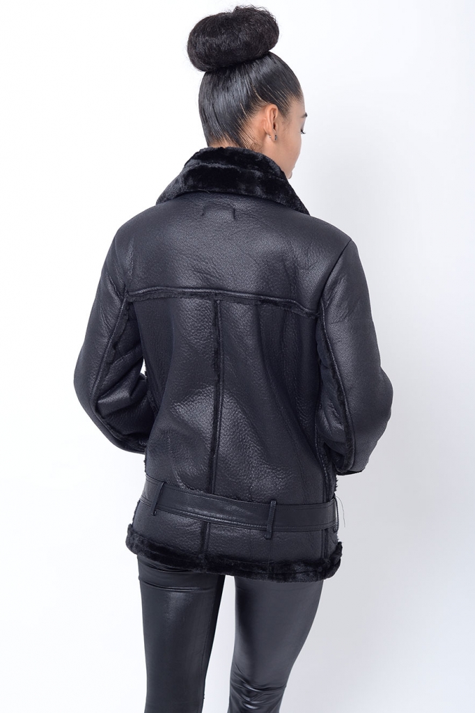 Stylish Black Faux Fur Biker Jacket