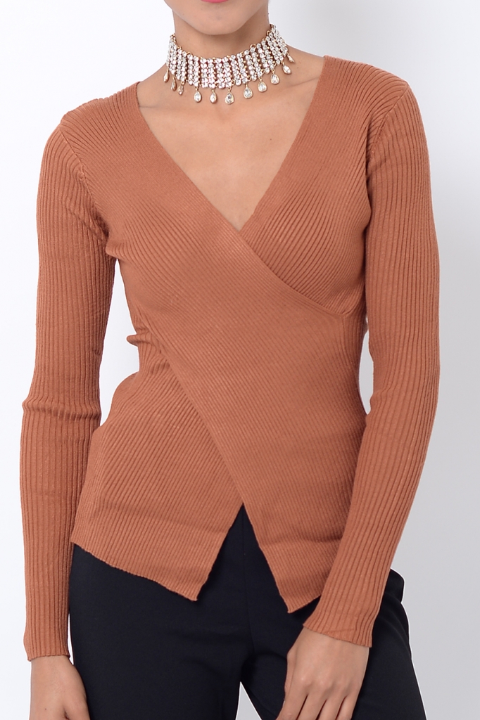 Stylish Brown Crossover Long Sleeve Top