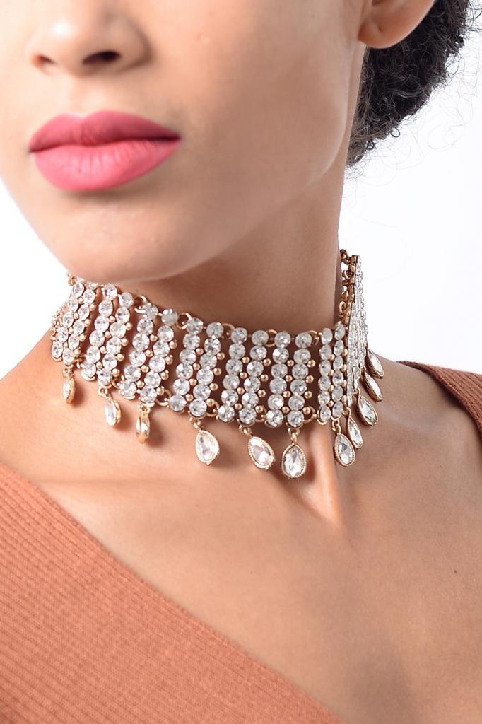 Stylish Gold Crystal Diamond Choker Necklace